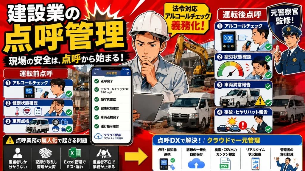建設業における点呼管理とは？法令対応から現場運用まで徹底解説｜安全運転管理者向け解説記事カバー画像