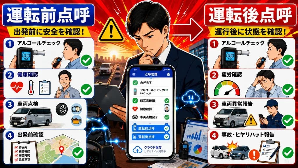 運転前点呼と運転後点呼の違いとは？確認項目・法令対応・運用ポイントを解説 サムネイル