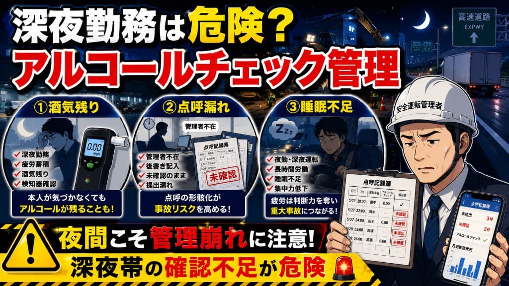 深夜勤務とアルコールチェック|夜勤・早朝勤務で崩れやすい安全運転管理を解説 サムネイル