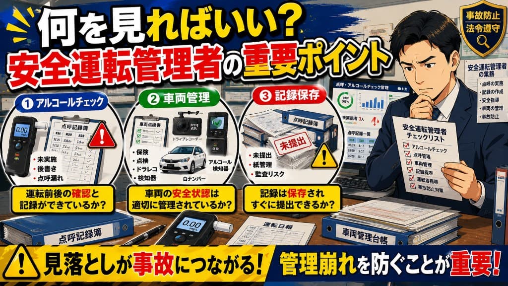 安全運転管理者が見るべきポイントとは?現場で崩れやすい管理項目を解説 サムネイル