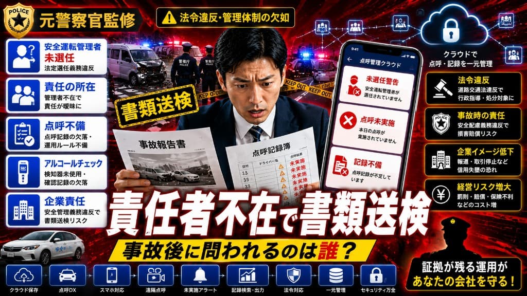 安全運転管理者を選任していなかった企業が書類送検|事故時に問われる“責任の所在”とは|安全運転管理者向け解説記事カバー画像